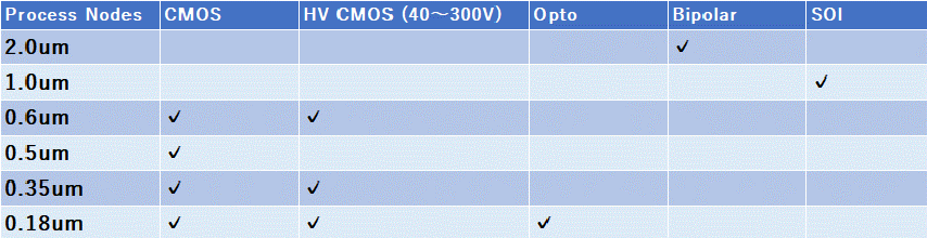 プロセス ノードのリスト：CMOS(0.6um、0.5um、0.35um、0.18um)、HV CMOS(0.6um、0.35um、0.18um)、Opto(0.18um)、Bipor(2.0um)、SOI(1.0um)